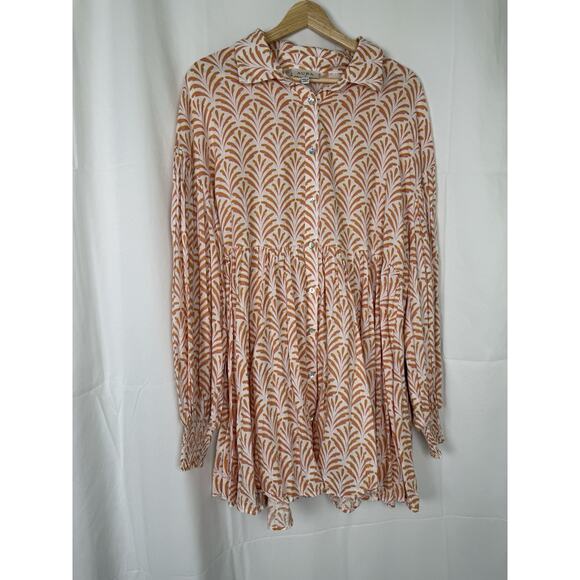 AURA Printed Floral Button Front Smock Coral Yellow White Dress Size Large - Picture 1 of 7